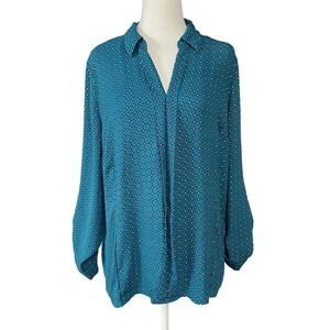 Croft & Barrow Blouse Womens XL Blue Geometric Print Button Up Lightweight Top‎